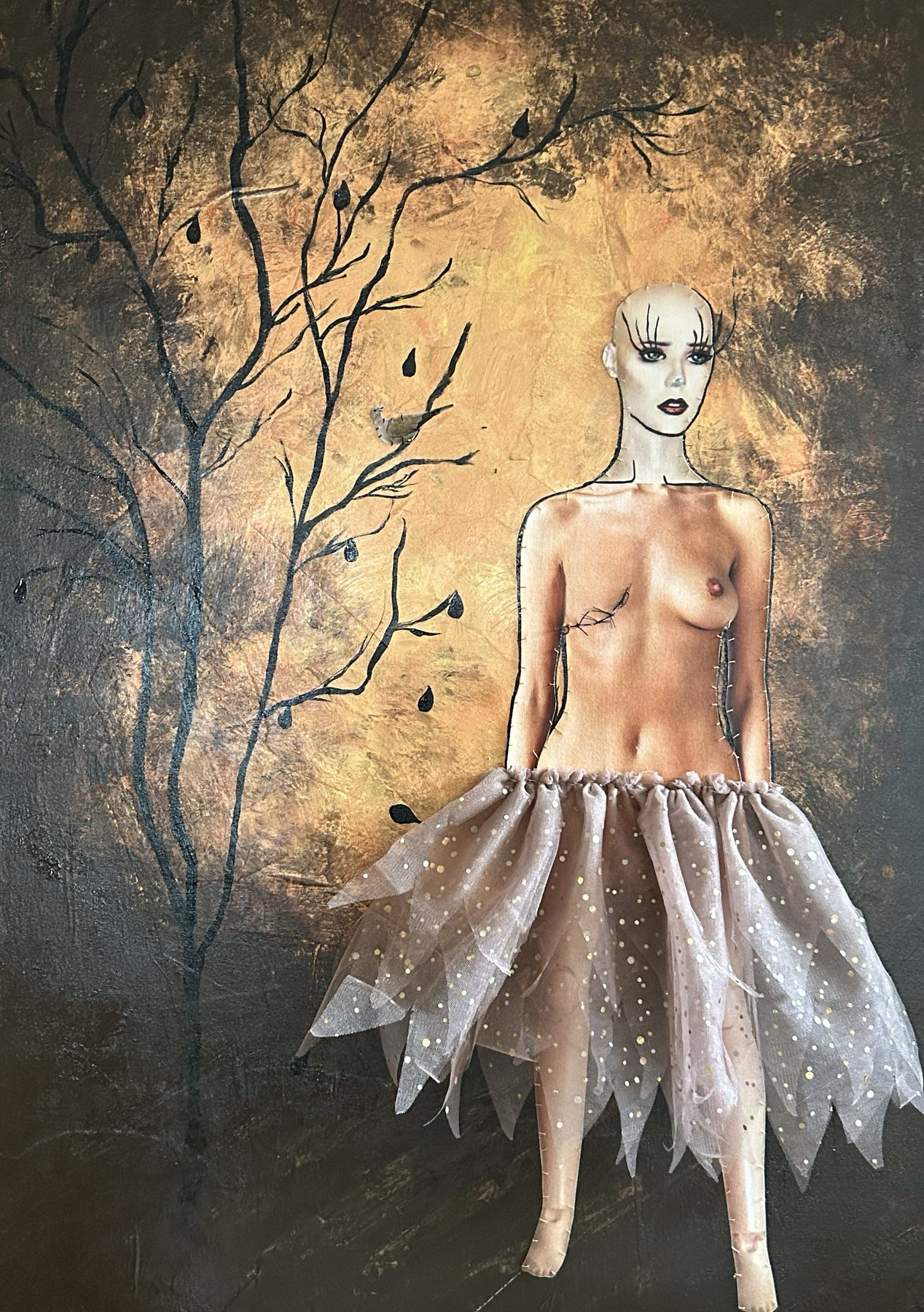 Painting by Stephanie Sheley, a figure among bare branches