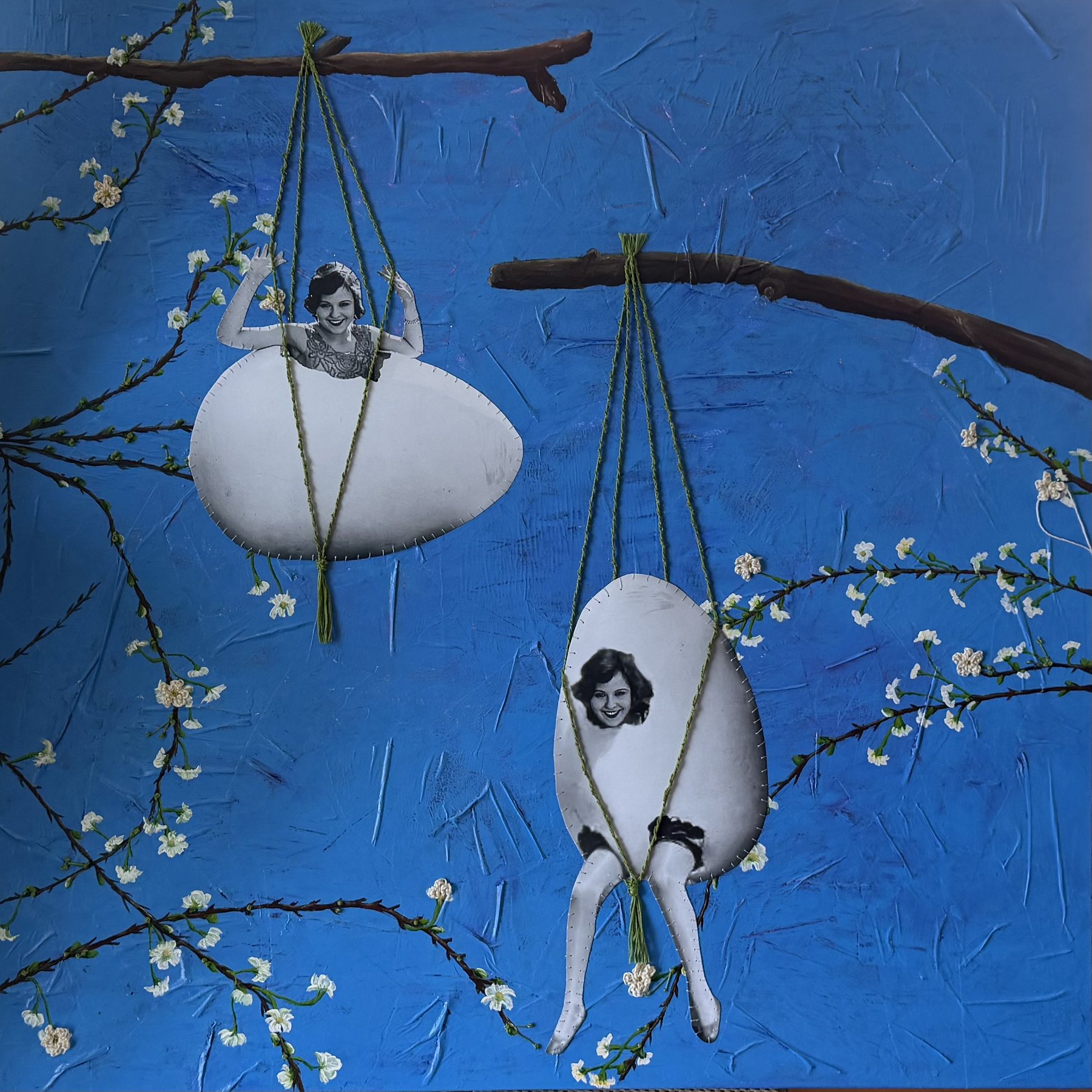 Painting by Stephanie Sheley, two figures on egg-shaped swings