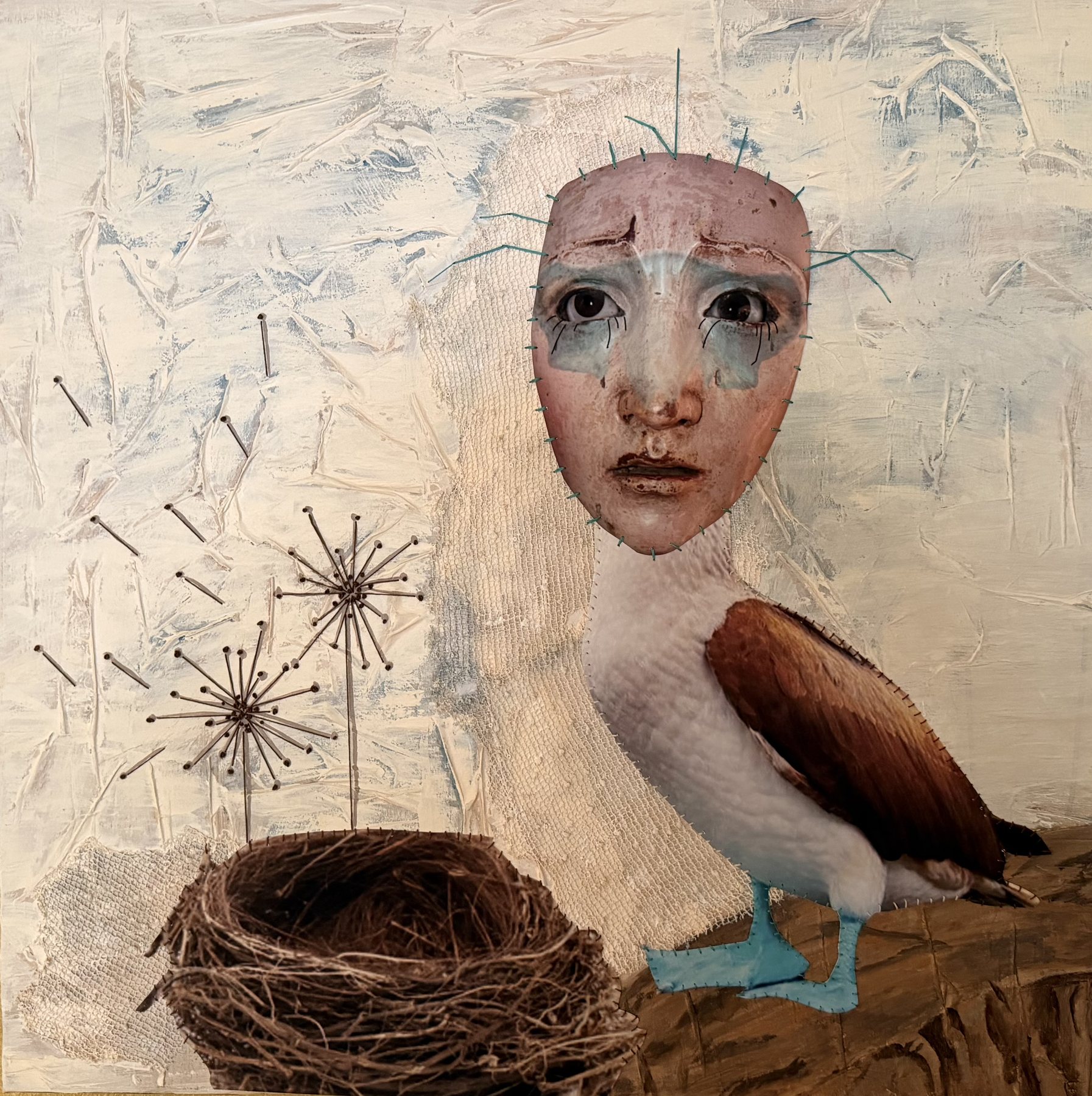 Detail of a painting by Stephanie Sheley, a face beside a bird and a nest